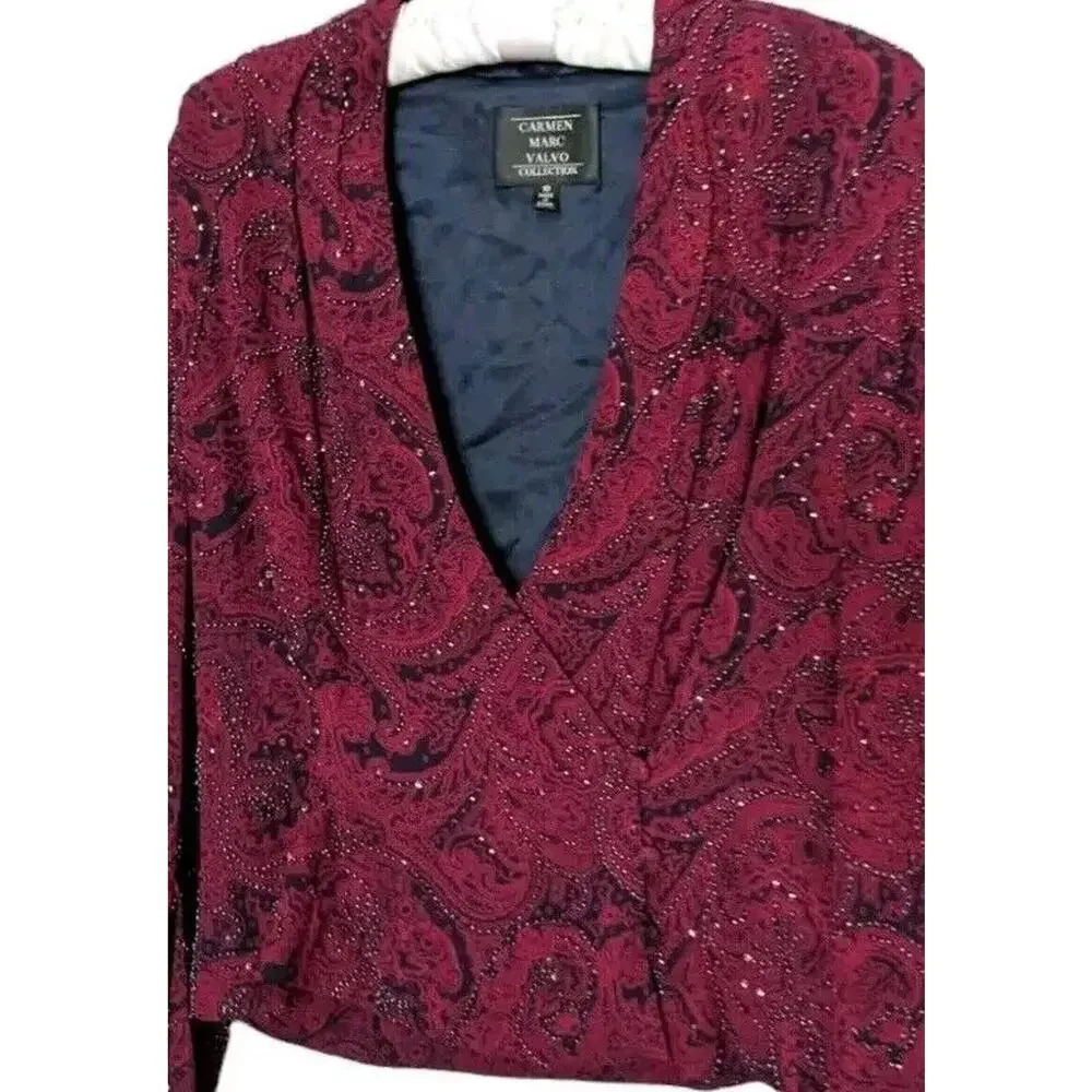 Carmen Marc Valvo Silk Beaded Blouse Women 10 Burgundy Blue Paisley Bell Sleeve - Picture 3 of 8